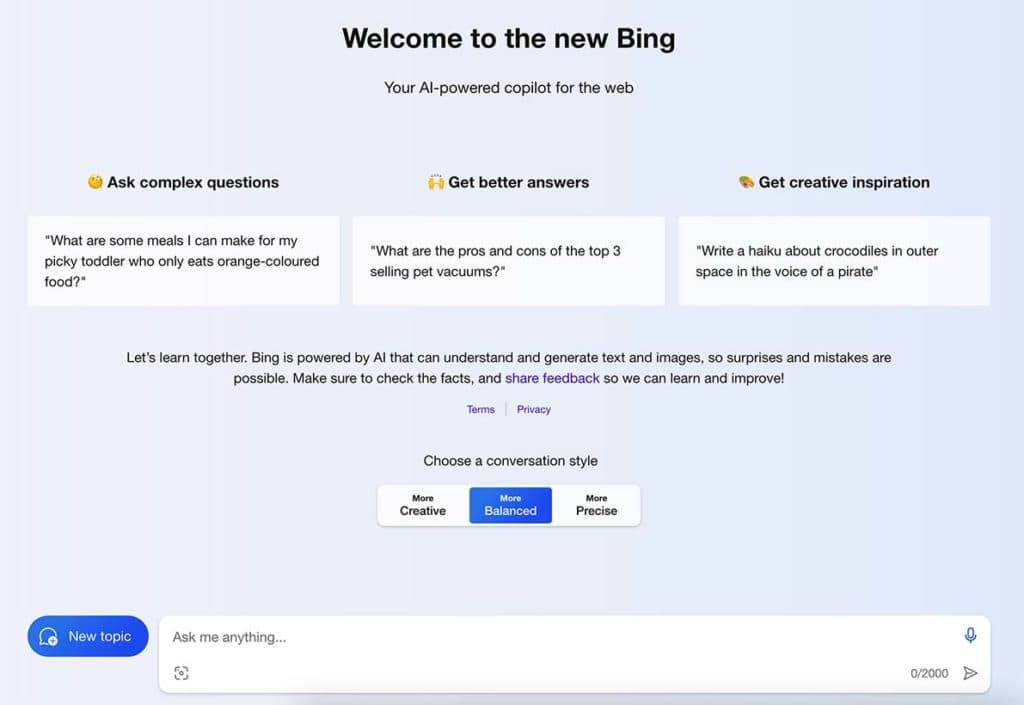 L'interface de Bing