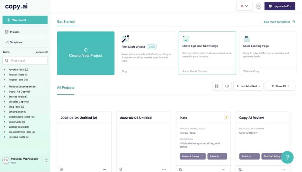 L'interface de Copy.AI